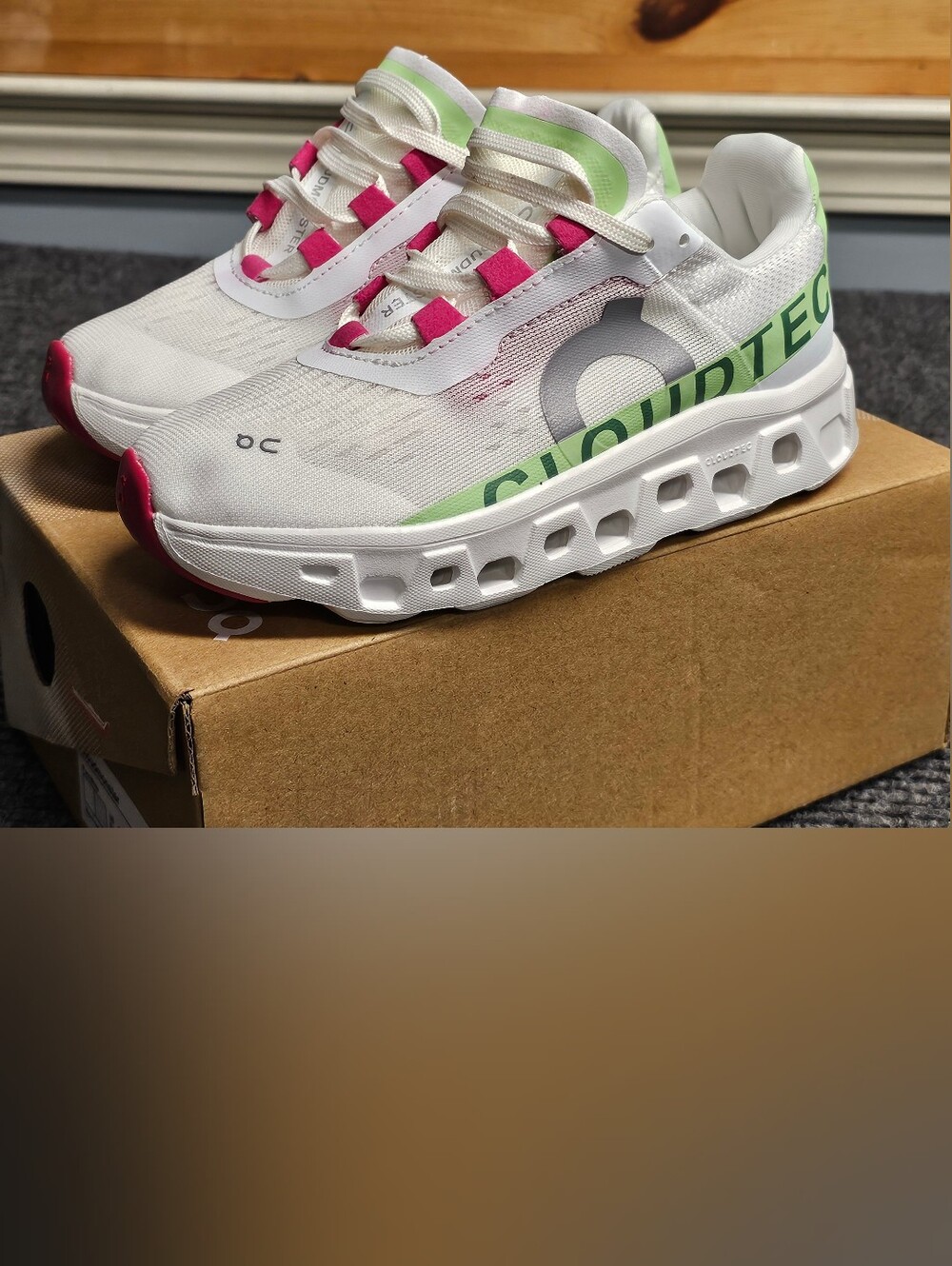 On Running Cloudmonster Kids 1Y Or 3Y White Green Athletic Sneakers Pink Accent